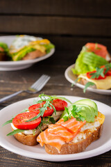 Different delicious sandwiches for breakfast, bread with cheese, avocado and trout, sandwich with egg, tomato and rucola, parsley