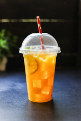 orange juice drink or lemonade citrus mandarin mint transparent beverage glass cup takeaway drink Menu concept serving size food background top view copy space organic healthy eating