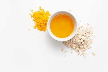 Ingredients recipe homemade face mask made of turmeric, honey and oatmeal