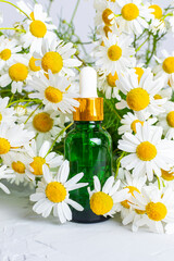 A glass dropper bottle of green color against a background of fragrant field daisies. Natural cosmetics and skin care. Aroma essential oil.