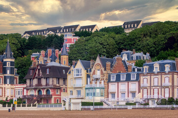 TROUVILLE, FRANCE. Trouville is a village of fishermen and a popular tourist attraction in Normandy - obrazy, fototapety, plakaty