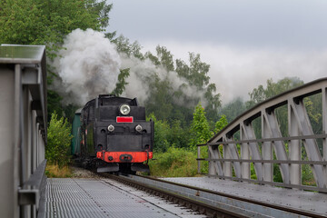 Fototapeta na wymiar Steam engine locomotive train ride on narrow gauge track on rain bridge