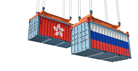Freight containers with Hong Kong and Russia flag. 3D Rendering 