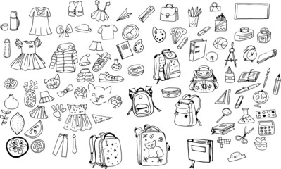 
School set doodle. Graphic black and white illustration vector hand-drawn. Doodle style, sketch, vintage. Subjects for training.