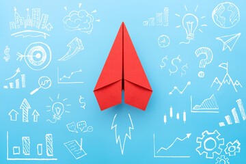 Business success, Innovation and solution concept, Red paper plane and hand drawn business strategy...