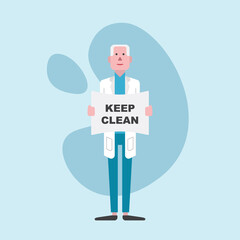 Illustration of a doctor with the tagline keep clean