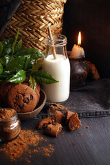 Fototapeta na wymiar Chocolate cookies served with bottle of milk