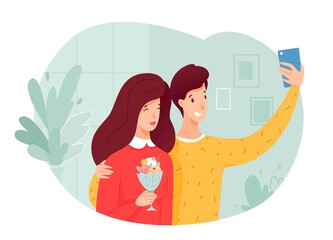 Smiling couple making selfie on romantic date