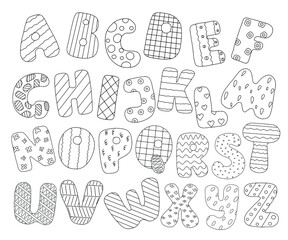 Doodle hand drawn style outline black and white letters of English alphabet, cute funny decorative lettering