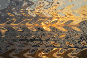 Abstract zigzag pattern with waves on nature theme. Artistic image processing created by photo of rising sun. Beautiful multicolor pattern in warm golden tones. Background image