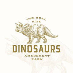 Real Size Dinosaurs Amusement Park Abstract Sign, Symbol or Logo Template. Hand Drawn Triceratops Reptile with Premium Typography and Background. Stylish Vector Emblem Concept. © createvil
