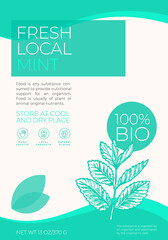 Fresh Local Herbs Label Template. Abstract Vector Packaging Design Layout. Modern Typography Banner with Hand Drawn Mint Branch Sketch Silhouette Background.