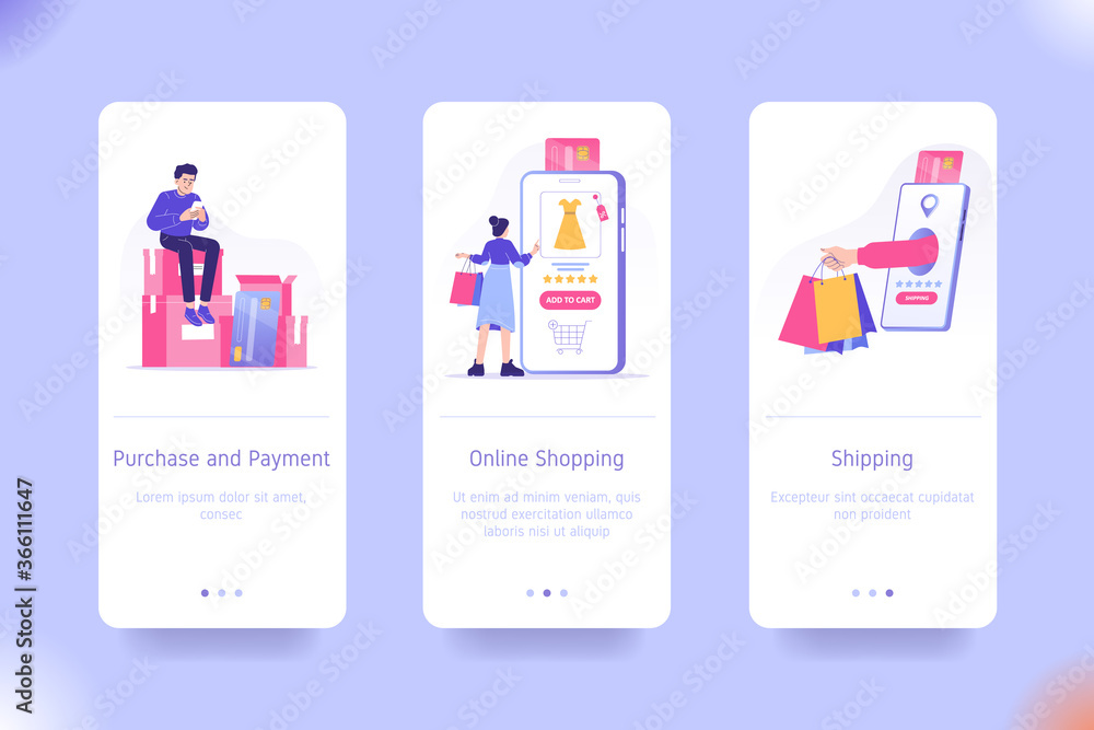 Poster application design set for purchase and payment, online shopping and shipping. ui on boarding screen