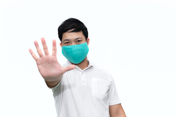 Portrait of man wear protect mask on white background,Wearing face mask for prevent COVID-19 Pandemic Coronavirus,worker with medical mask for against and stop coronavirus