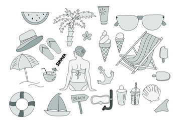 Thematic sketch. Summer sketch. Vector. Glasses, girl, ball, umbrella, palm, watermelon, hat, sea, summer