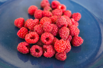 raspberries on a blue plate