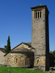View of the bell tower and apse of the Mozarab Pre-Romanesque or Romanesque Church of San Pedro de...