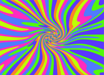 1960s Hippie Wallpaper Design. Trippy Retro Background for Psychedelic 60s-70s Parties with Bright Acid Rainbow Colors and Groovy Geometric Wavy Pattern in Pop Art style.