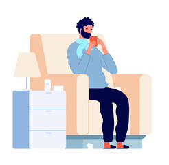 Sick man character. Cold disease, ill person in chair with fever sneeze. Adult flu infection, influenza or virus patient vector illustration. Sick fever and cold virus, influenza and flu