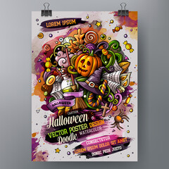 Cartoon hand drawn watercolor doodles Halloween poster design template
