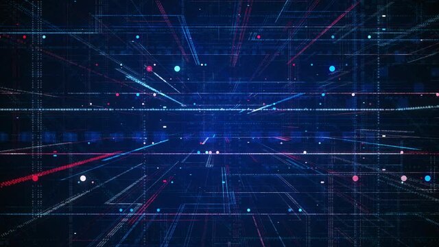 Abstract fly through hologram 3D Big Data with futuristic matrix. Digital network with binary code particles. Technological and connection motion background.