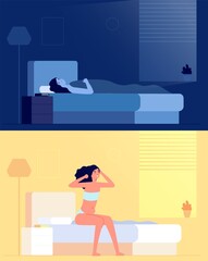 Obraz premium Sleeping wake up girl. Sleep woman, happy waking at morning. Lady stretching on bed mattress in bedroom after awake vector illustration. Girl morning wake up, awake in bedroom and sleep