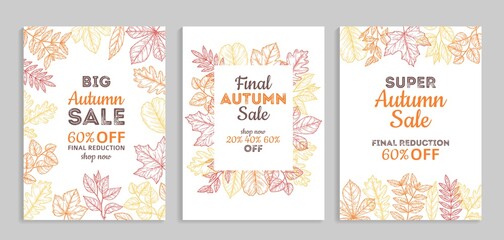 Fototapeta na wymiar Autumn sale banners. Fall advertising vouchers, colorful discount poster. Thanksgiving season special price, sketch leaf vector background. Autumn banner with leaf, advertising foliage illustration
