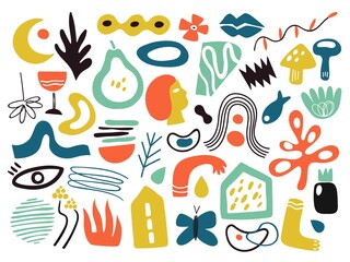 Contemporary abstract forms. Minimalist flat different shapes, dynamic style art elements. Simple floral leaves plants vector illustration. Contemporary artistic colorful, abstract figure collage