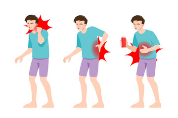 Set of man feel pain in different parts of body. People in migraine neck and headache, backache and stomach ache painful zones. Patient feel badly. Vector isolated illustration in cartoon style.
