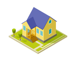Urban cottage exterior. Simple isometric house building. Isolated 3d home with trees vector illustration. Cottage house exterior, building architecture