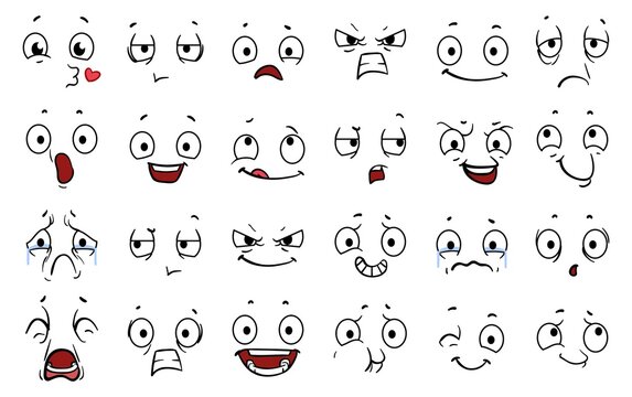 Cartoon comic faces. Expressions eye, emoji wink crazy boring and angry. Funny cute emotions character, laughter smile or scared mouth. Isolated emoticon symbols vector illustration.