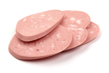 Boiled Bologna Sausage, Sliced Italian mortadella, isolated on a white background