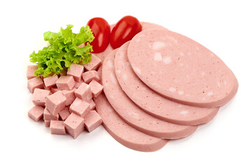 Boiled Bologna Sausage, Sliced Italian mortadella, isolated on a white background