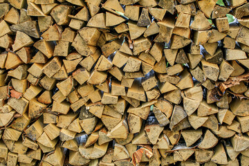 wall firewood, Background of dry chopped firewood logs in a pile