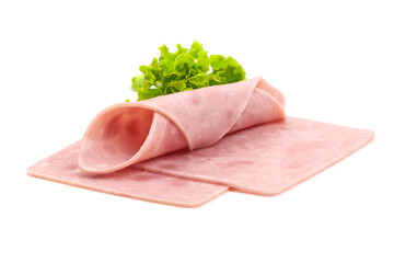 Cooked ham slices, isolated on a white background