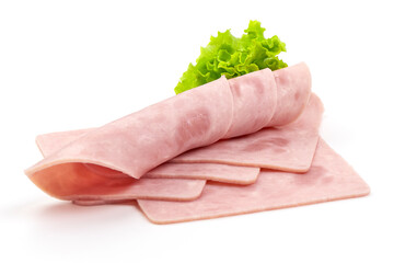 Boiled Ham Slices, close-up, isolated on a white background