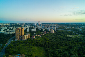 Naklejka premium panoramic views of the city infrastructure in the evening filmed from a drone