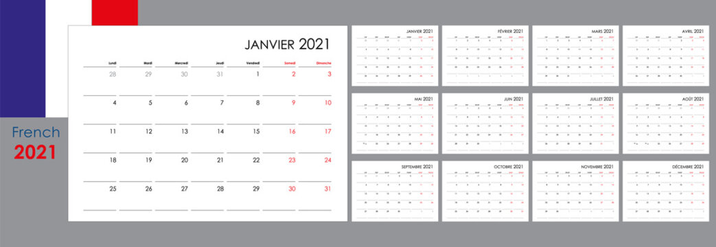 Calendar for 2021 year. An organizer and planner for every day. Week starts from Monday. 12 boards, months set. Wall layout. Clear template. French language.
