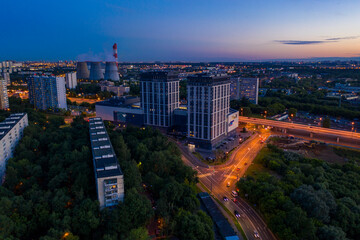 Fototapeta na wymiar panoramic views of the city infrastructure in the evening filmed from a drone