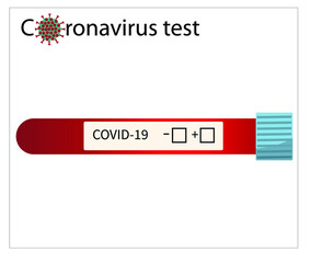 Coronavirus test. COVID-19 test. Vector. Test COVID-19 dangerous influenza virus in the blood vial. Can be used in medical materials, banners, posters, magazines. Vector white background isolated.