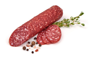 Salami dried sausage, isolated on white background
