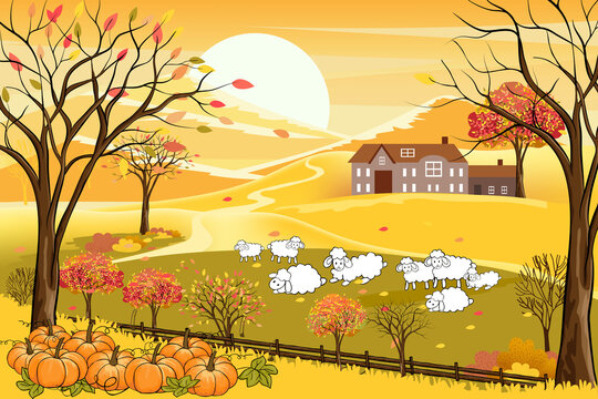 Vector illustration of panorama autumn landscape in english countryside with forest trees and leaves falling,Panoramic of farm field with family of lambs on hills in fall season with yellow foliage.