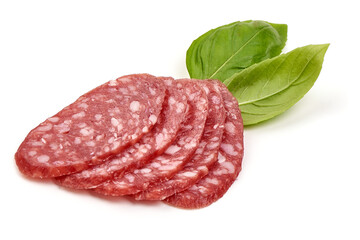 Dry salami sausage slices, isolated on a white background