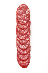 Salami sausage slices, isolated on a white background