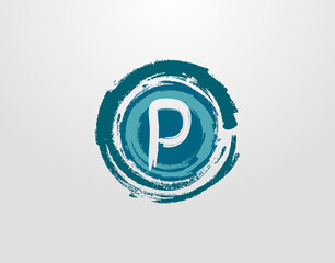 P Letter Logo With Circle Blue Splatter Element. Blue Wave Retro logo design template.