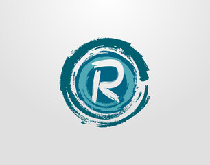 Obraz premium R Letter Logo With Circle Blue Splatter Element. Blue Wave Retro logo design template.
