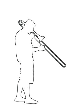 recommend clip art: Trombone player line contour vector illustration. Music man play wind instrument silhouette. Music artist boy. Jazz man. Bugler street performer. Musician play trumpet. Entertainment  music event.