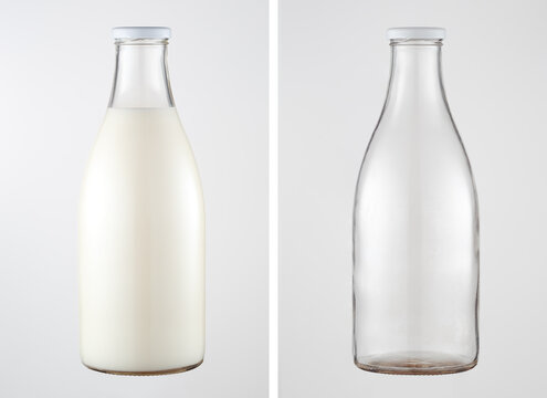 Milk bottle with screw cap. Set of image on gray background. A whole bottle and an empty bottle.
