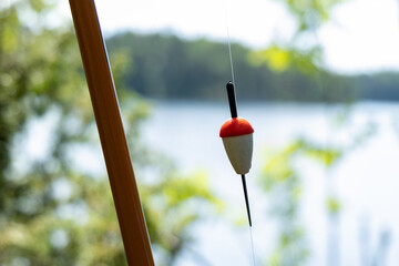Fishing Pole with bobber leaning against a tree. Lake and trees on background.