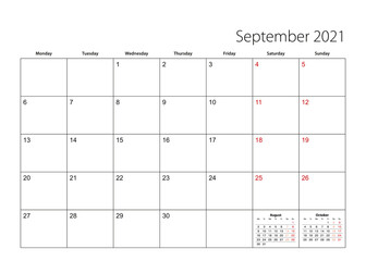 September 2021 simple calendar planner, week starts from Monday. - obrazy, fototapety, plakaty